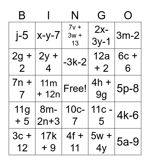 Combine Like Terms Bingo Card