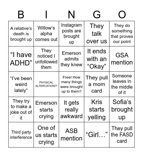 Emerson Confrontation Bingo Card