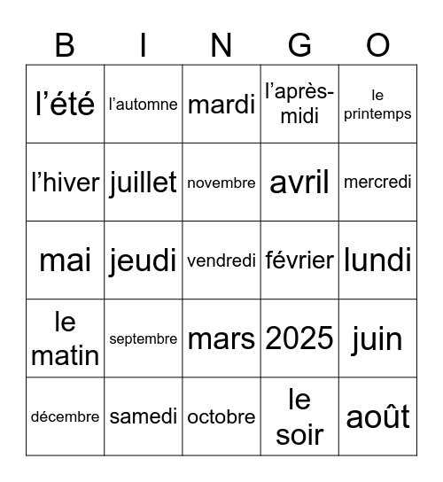 Les mois et les saisons Bingo Card