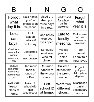 KCUD #229 Tired Teacher Bingo Card