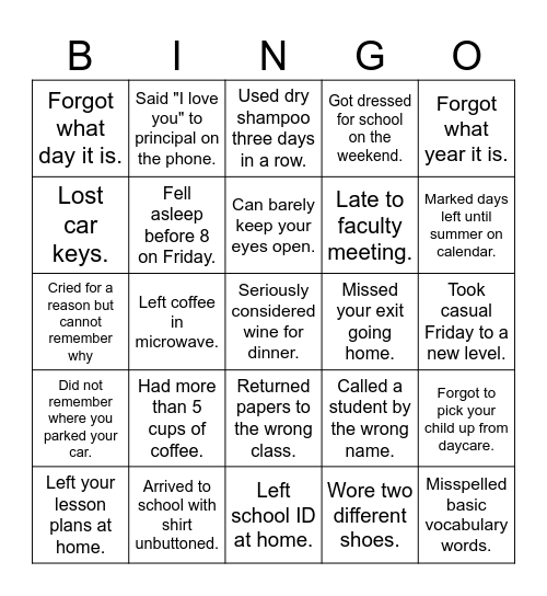 KCUD #229 Tired Teacher Bingo Card