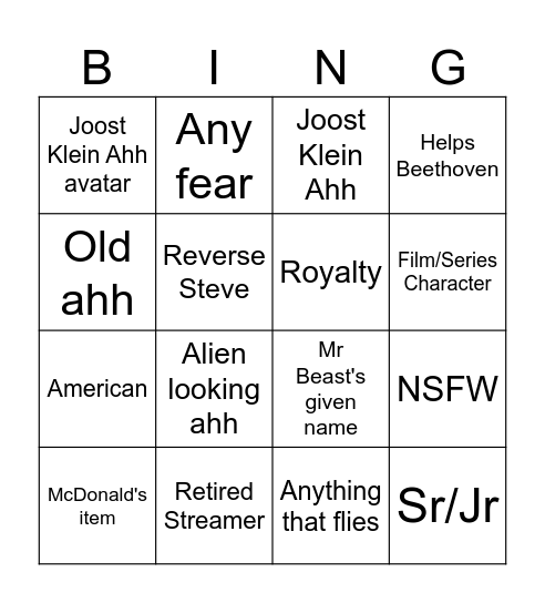 Roomerang Bingo Card