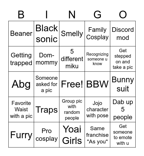 Anime convention Bingo Card