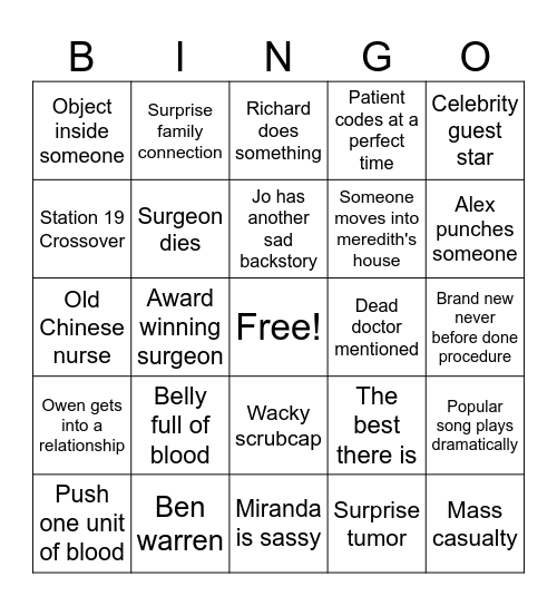 Greys Anatomy Bingo Card