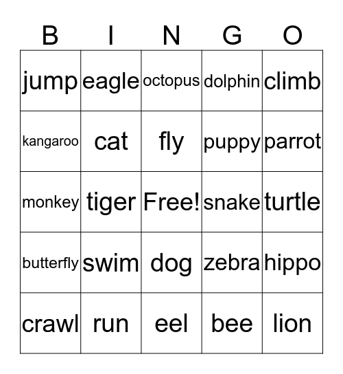 Animal Bingo Card