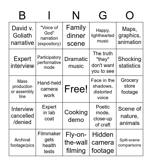 FOOD DOCUMENTARIES Bingo Card