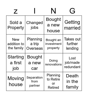 Life Event Bingo Card