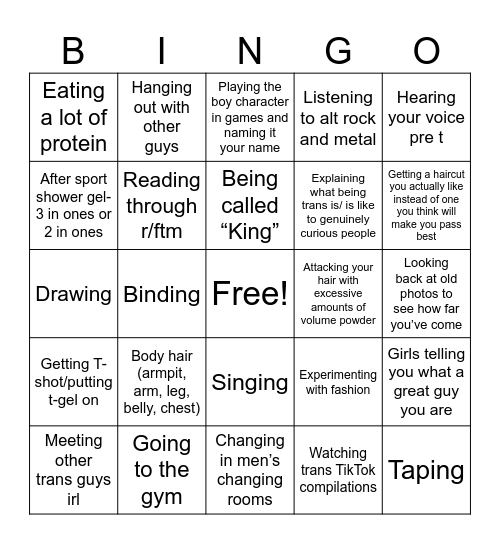 Trans Joy (trans men/masc) Bingo Card