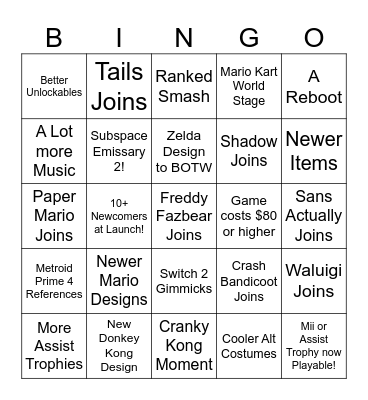 Super Smash Bros Bingo Card