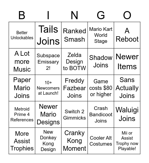 Super Smash Bros Bingo Card