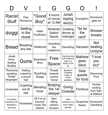 Sleepover Bingo Card