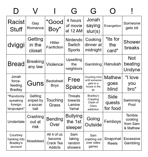 Sleepover Bingo Card
