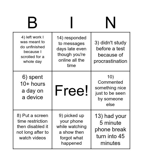 Never have I ever Bingo Card