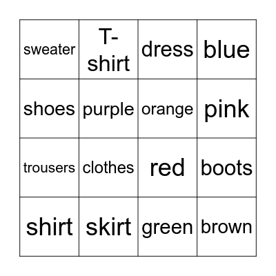 Clothes & colors Bingo Card