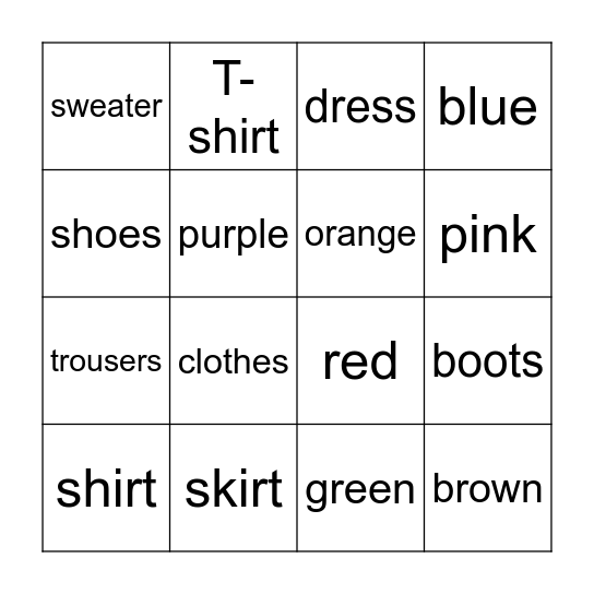 Clothes & colors Bingo Card
