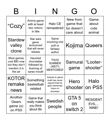 Summer Gaymes Fest 2025 Bingo Card
