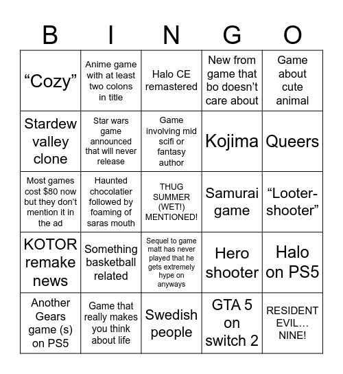 Summer Gaymes Fest 2025 Bingo Card