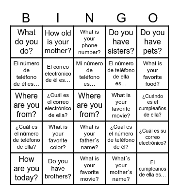 Personal Info Bingo Card