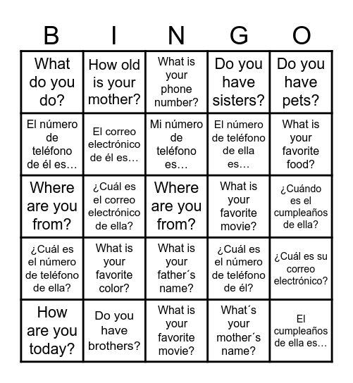 Personal Info Bingo Card