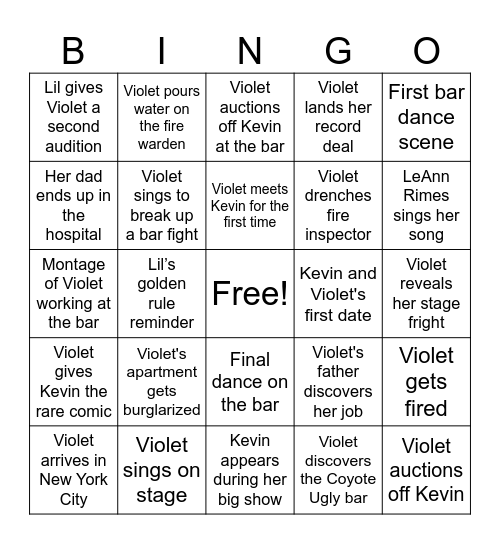 Cayote Ugly Bingo Card