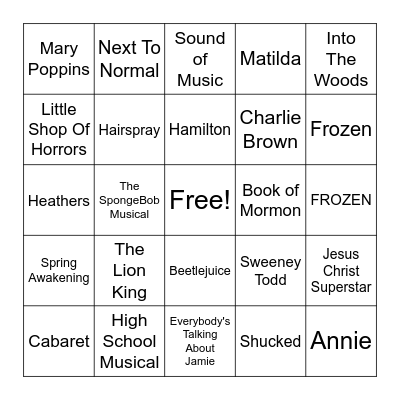 Broadway Music Bingo Card