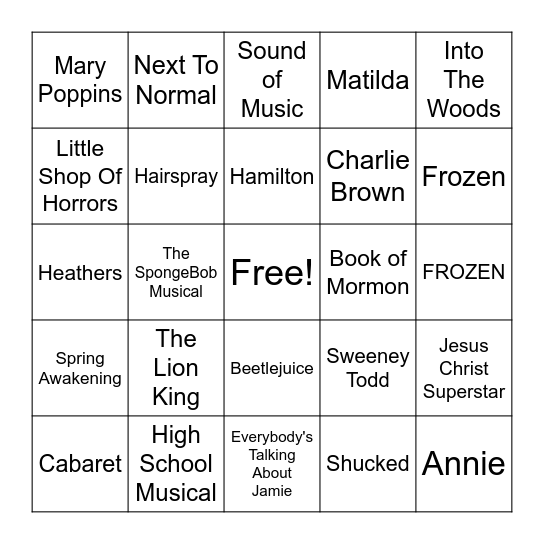 Broadway Music Bingo Card