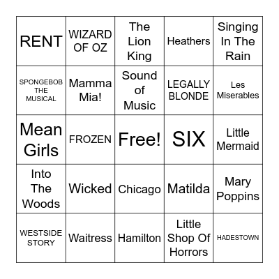 Broadway Music Bingo Card