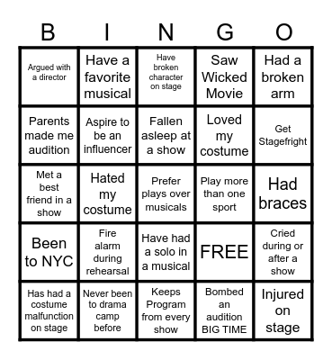 Theatre Camp Bingo Card