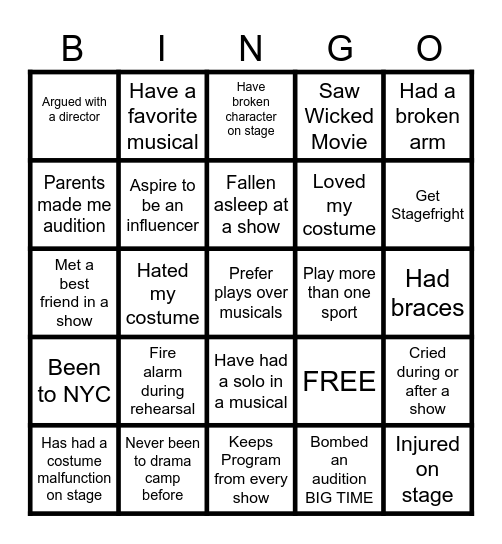Theatre Camp Bingo Card