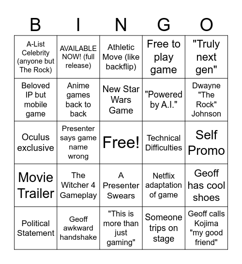 Summer Game Fest Bingo Card