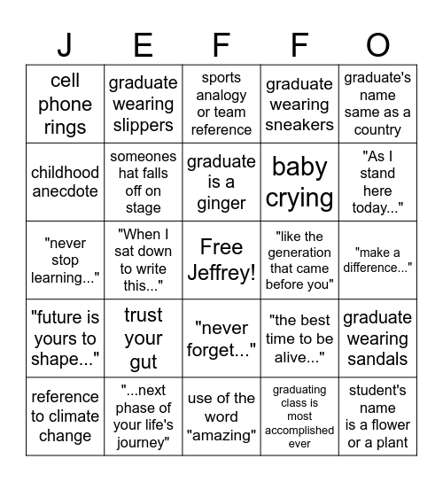 Jeff-O Graduation Bingo Card