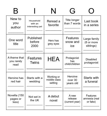 Historical Romance BINGO Card