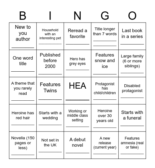 Historical Romance BINGO Card