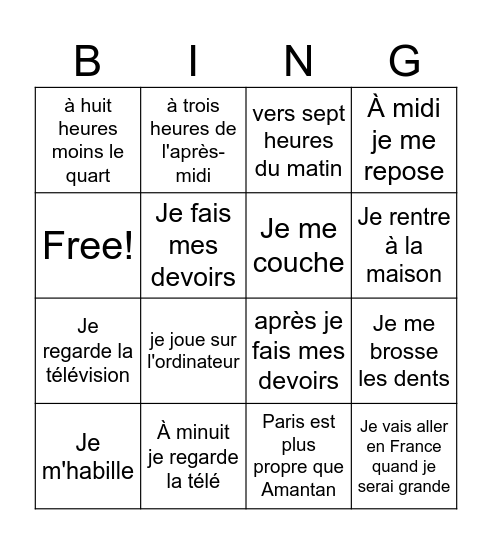 Daily Routine (French) Bingo Card