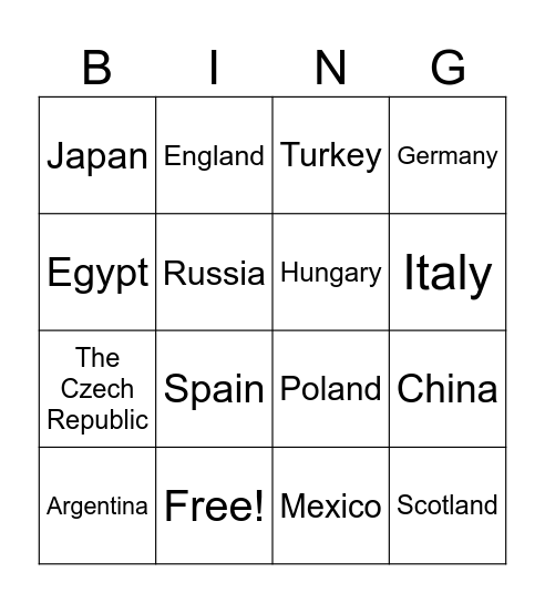 Countries and Nationalities Bingo Card