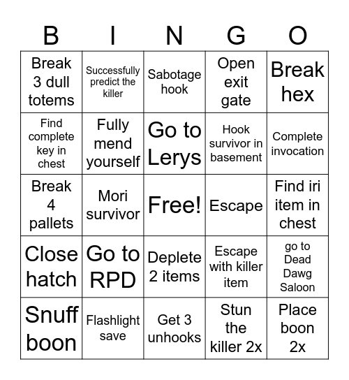 Dbd League Bingo Card