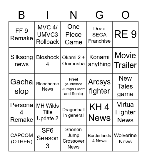 Summer Game Fest Bingo Card