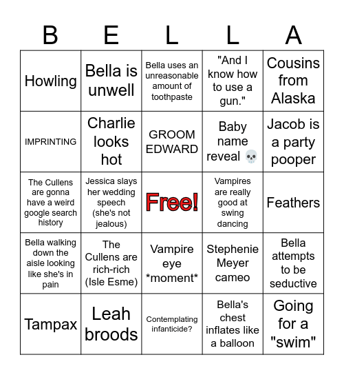 Breaking Dawn Pt 1 Bingo Card