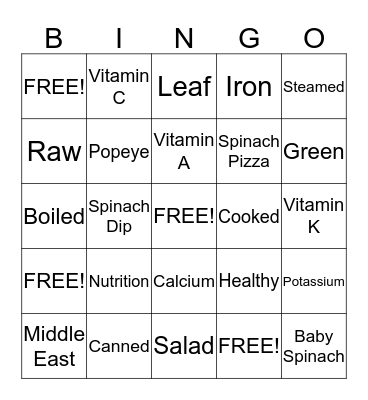 Spinach Bingo Card