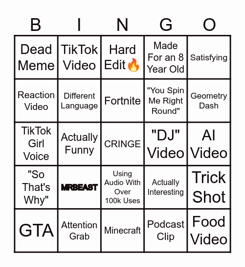 YouTube Shorts Bingo Card