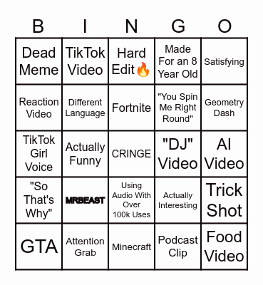 YouTube Shorts Bingo Card