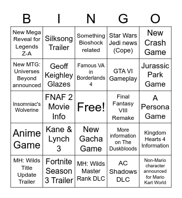 Summer Games Fest Bingo Card