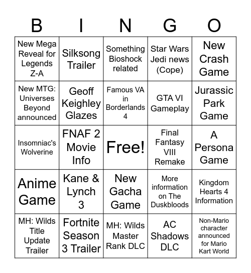 Summer Games Fest Bingo Card
