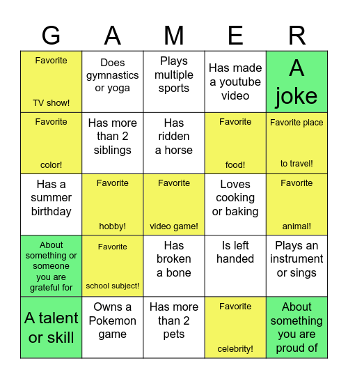 eSports Summer Camp Bingo Card