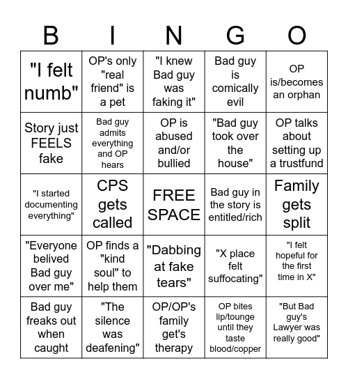 Reddit Revenge Bingo Card