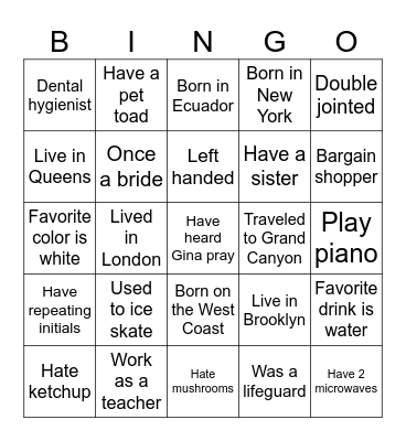 Gina's Bridal Shower Bingo Card