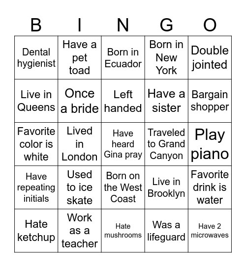 Gina's Bridal Shower Bingo Card