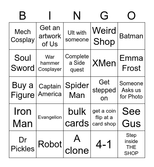 Comic Con Bingo Card