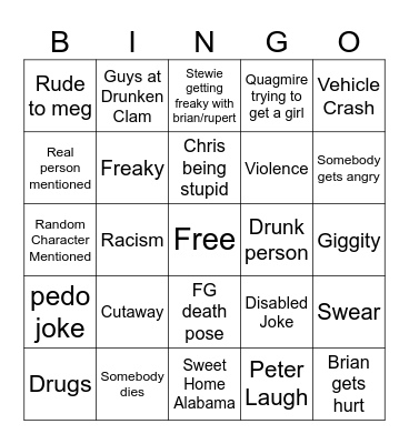 Family guy bingo Card