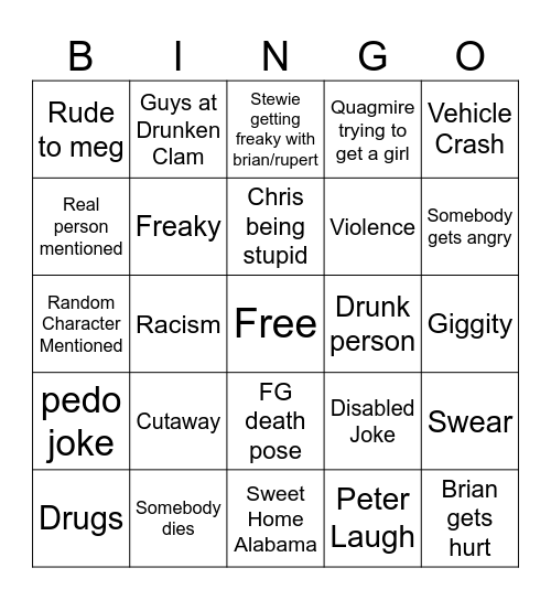 Family guy bingo Card